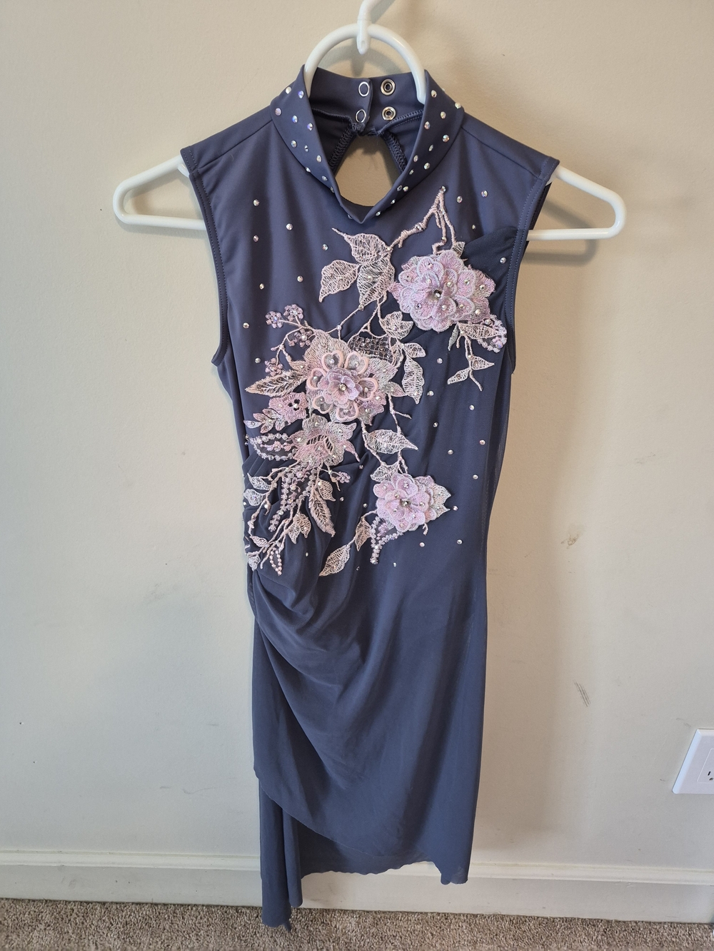 Weissman Navy Dance Dress with Pink Floral Appliqué